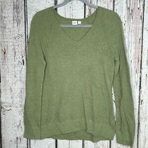 GAP V-Neck‎ Sweater Olive Heather Green Textured Knit Lightweight Size Small